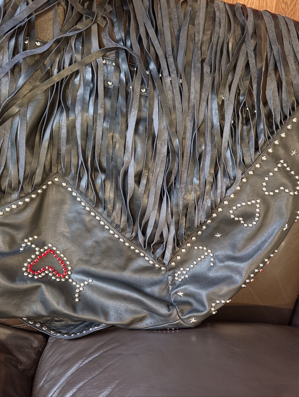 Nasty Gal Black Leather Fringe Jacket with Red Heart Studs - Picture 4 of 9